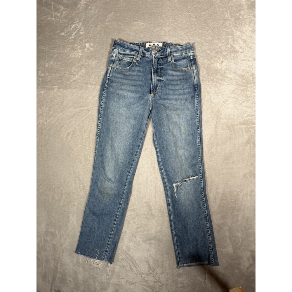 AMO Chloe Crop High Rise Straight Leg Jeans Kismet Raw Hem Blue Womens 26